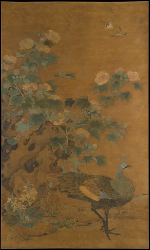 Peahen and hibiscus by Bian Lu, painting, 1334-1366