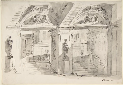 Sketch of a Palace's Interior's Foreshortening with Stairs, Statues and Ornaments by Giuseppe Bernardino Bison, drawing, 1762-1844