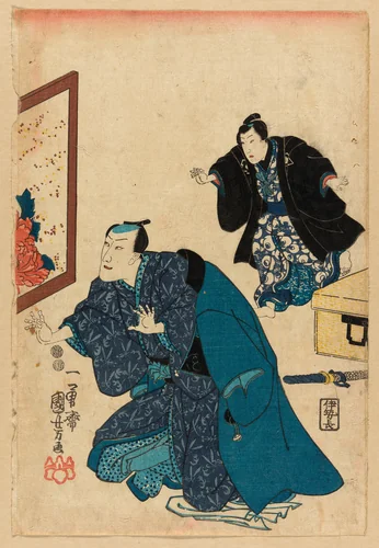 Ichikawa Danjuro VII before a screen decorated with peonies by Utagawa Kuniyoshi (歌川國芳), print, 1842-1857