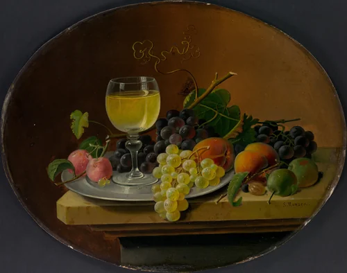 Still Life Fruit and Wine Glass by Severin Roesen, artwork, 1865-1870