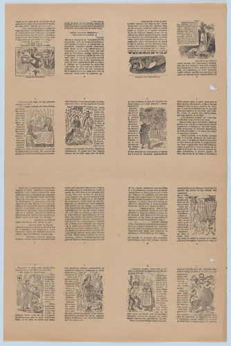 An uncut sheet printed on both sides with pages from "Juan Ceniza" (cuento arreglado por C. S. Suarez) and "Rosendito, los leones y el sapo" (cuento por C. S. Suarez) by José Guadalupe Posada, print, 1895-1905