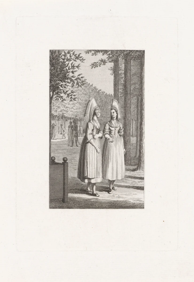 Twee vrouwen in Franse klederdracht by Izaak Jansz. de Wit, print, 1798-1809