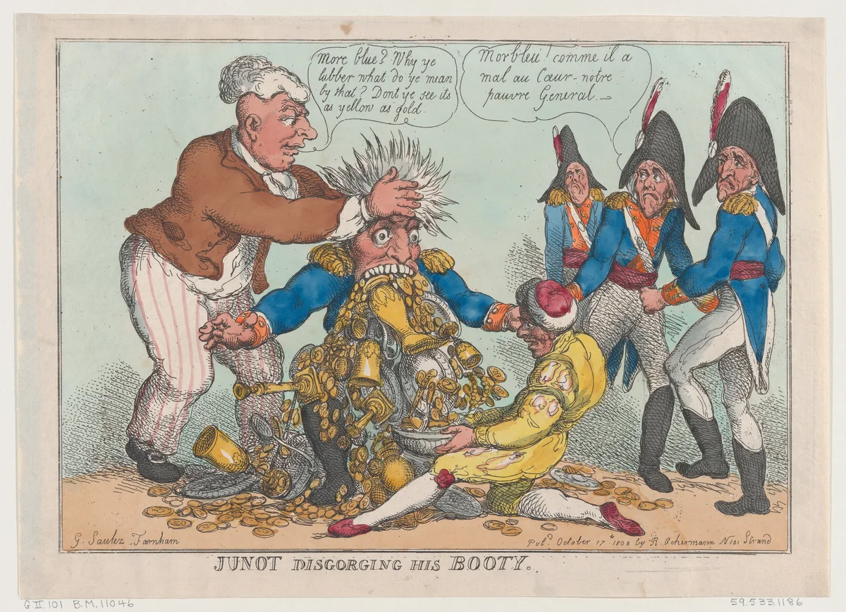 Junot Disgorging His Booty by Thomas Rowlandson, print, 1808