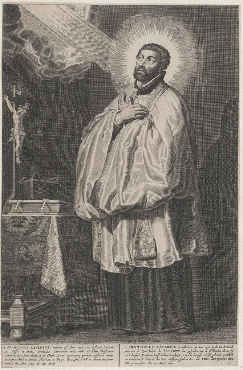Saint Francis Xavier with a divine light emanating towards him from the upper left, with a crucifix, mitre, and book on a table at left by anonymous, print, 1622