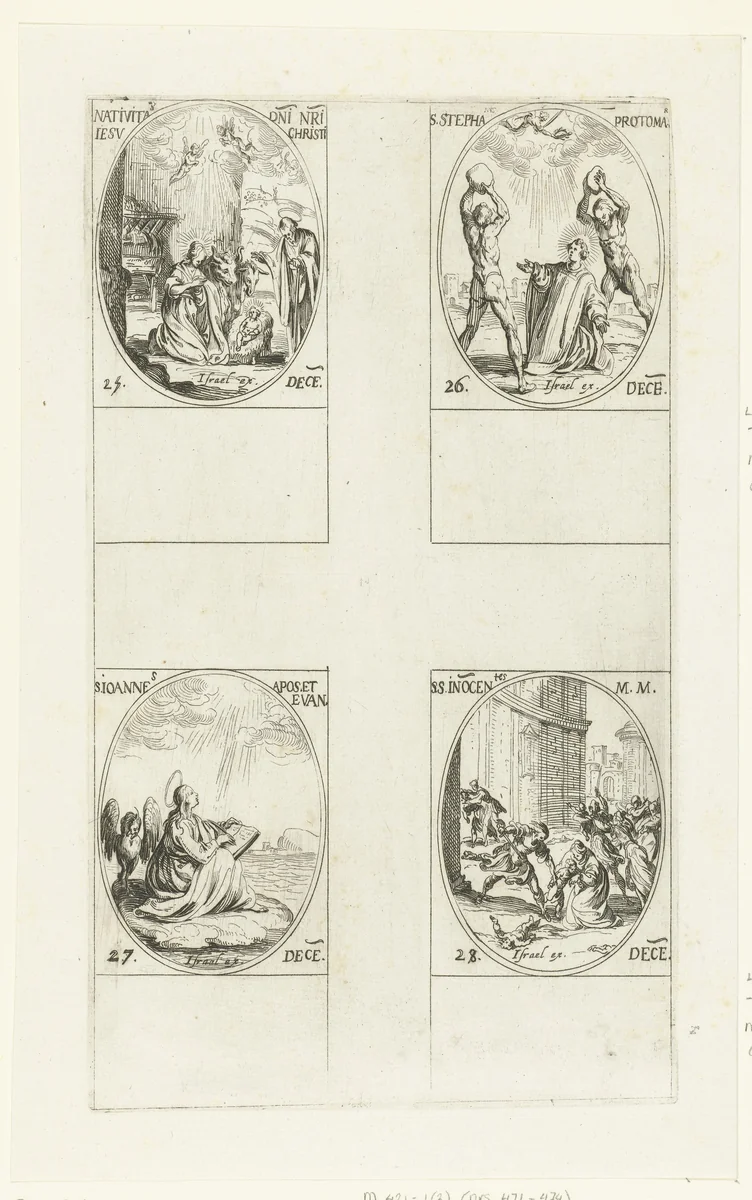 Geboorte van Christus, Heilige Stefanus, Heilige Johannes de Evangelist, Kindermoord te Bethlehem (Onnozele Kinderen) (25-28 december) by Jacques Callot, print, 1632-1636
