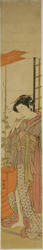 Courtesan Admiring Morning Glories while Cleaning Her Teeth by Isoda Koryusai, print, 1770-1780