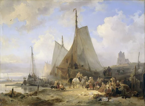 Fishing Boats on the Beach with Fishermen and Women Sorting the Catch by Wijnand Nuijen, painting, 1835