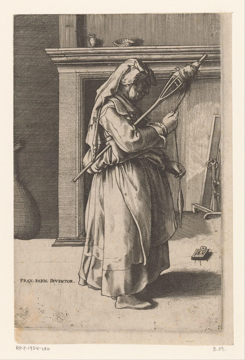 Oudere vrouw met spinrok by Unknown, print, 1533-1567