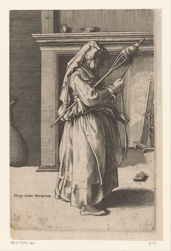 Oudere vrouw met spinrok by Unknown, print, 1533-1567