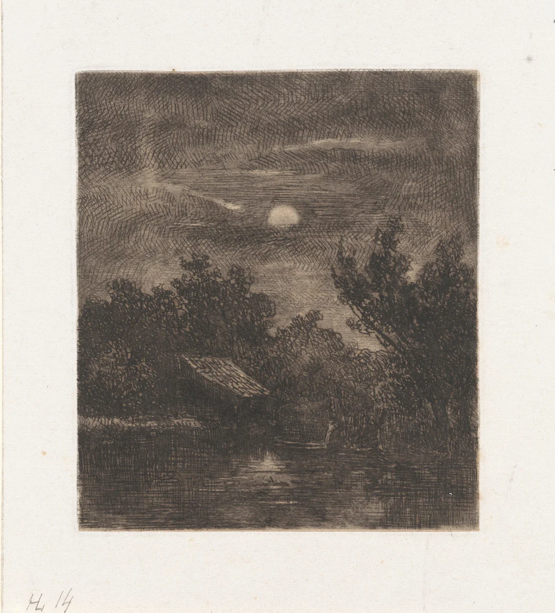 Vissers bij maanlicht by Johannes Pieter van Wisselingh, print, 1830-1878