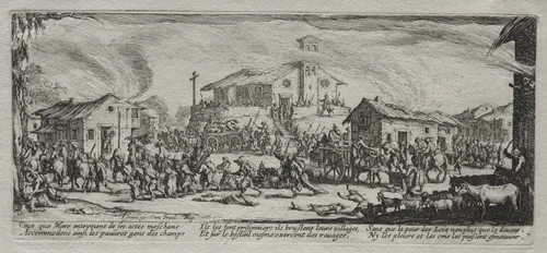 The Large Miseries of War: Pillaging and Burning of a Village by Jacques Callot, print, 1633