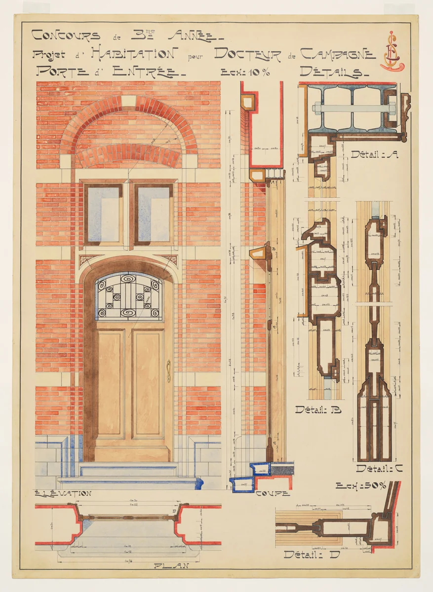 Third Year Competition Drawing for a Doctor's Residence by R. de Clerck, drawing, 1895-1905