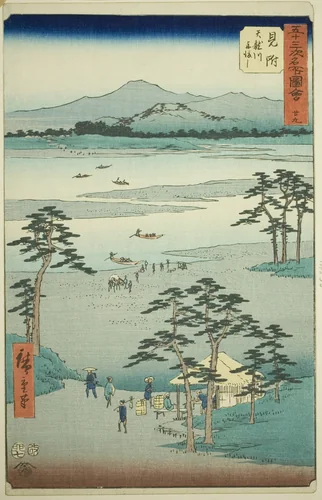 Mitsuke: Ferry on the Tenryu River (Mitsuke, Tenryugawa funewatashi), no. 29 from the series "Famous Sights of the Fifty-three Stations (Gojusan tsugi meisho zue)," also known as the Vertical Tokaido by Utagawa Hiroshige (歌川広重), print, 1855