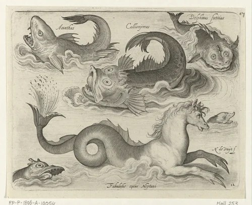 Fantastische waterdieren, onder andere zeepaard by Unknown, print, 1581-1656