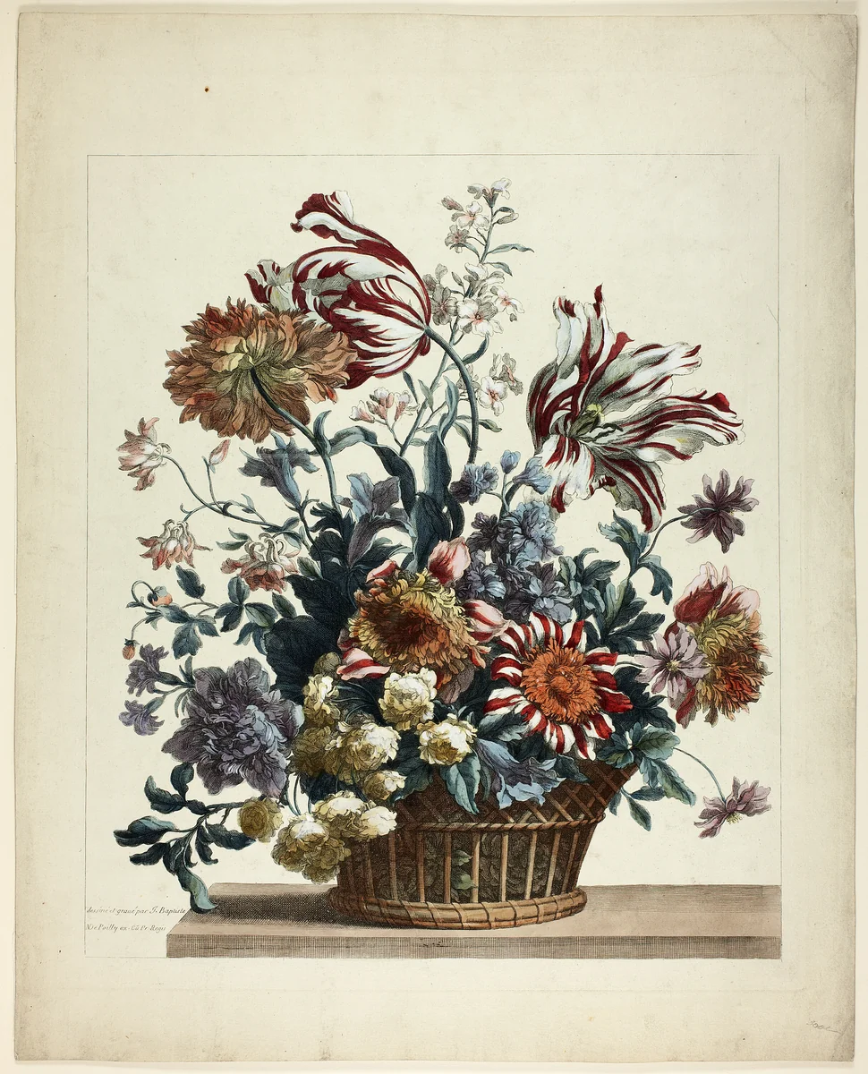 Basket of Flowers by Jean Baptiste Monnoyer, print, 1651-1699