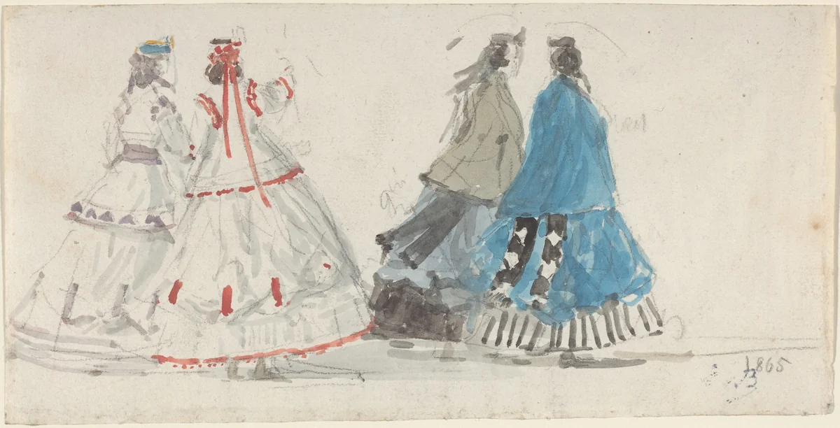 Four Ladies in Crinolines Walking at Trouville by Eugène Boudin, drawing, 1865