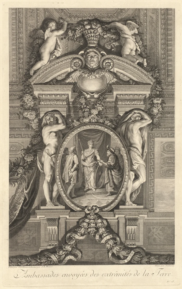 Ambassades envoyées des extrêmités de la Terre (Embassies Sent from the Extremities of the Globe) [pl. 15] by Jean-Baptiste Massé; Pierre Soubeyran; Charles Le Brun, print, 1752