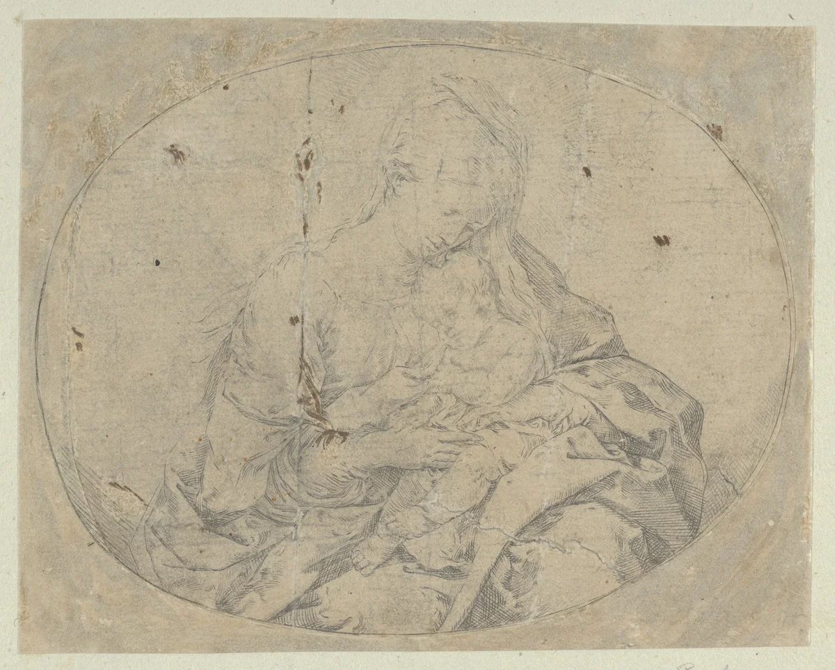 The Virgin holding the infant Christ, an oval composition, counterproof by Guido Reni, print, 1595-1645