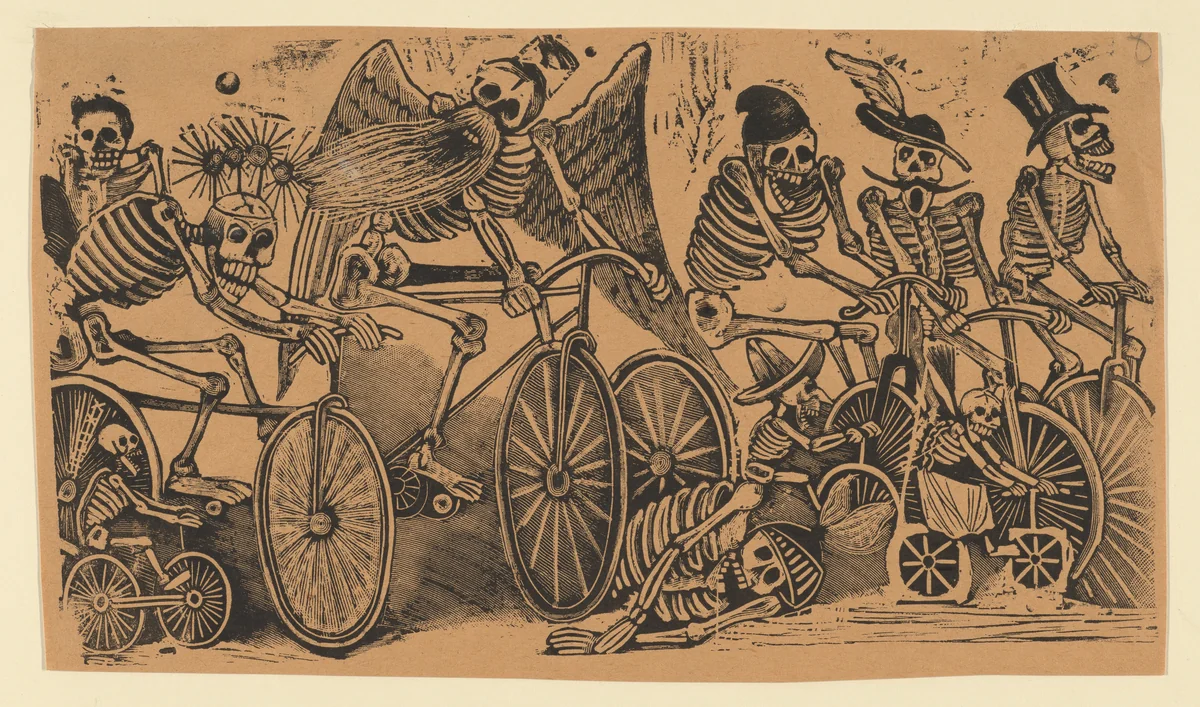 Skeletons (calaveras) riding bicycles by José Guadalupe Posada, print, 1886-1896