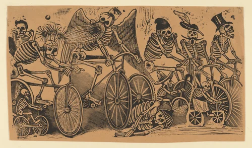Skeletons (calaveras) riding bicycles by José Guadalupe Posada, print, 1886-1896