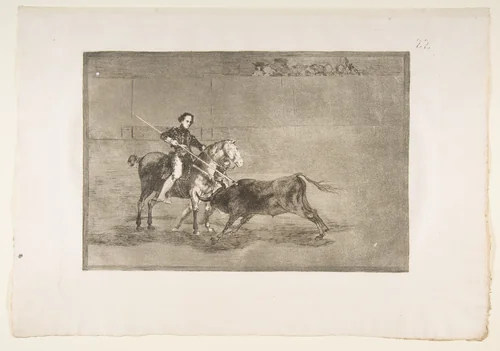 Plate 22 from "La Tauromaquia": Manly courage of the celebrated Pajuelera in [the ring] at Zaragoza by Goya, print, 1816