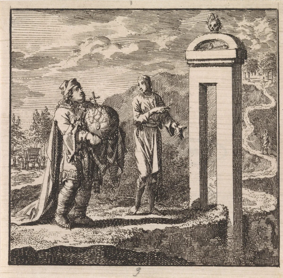 Voor de smalle poort, die naar de smalle weg leidt, is de mens met wereldbol te breed by Jan Luyken, print, 1710