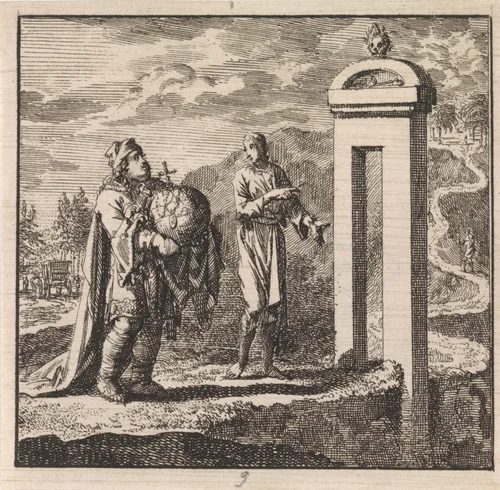 Voor de smalle poort, die naar de smalle weg leidt, is de mens met wereldbol te breed by Jan Luyken, print, 1710