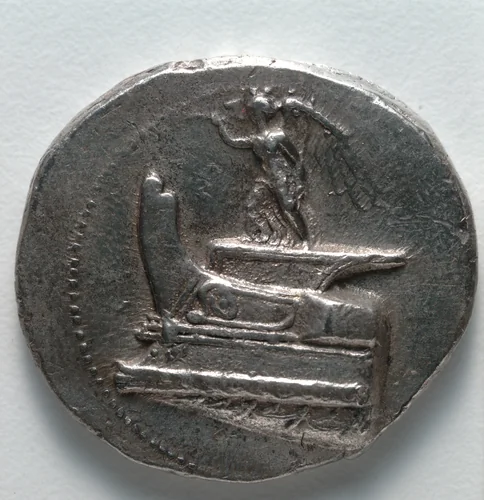 Tetradrachm: Nike on Ship's Prow, Blowing Trumpet (obverse) by Unknown, metalwork, -305--290