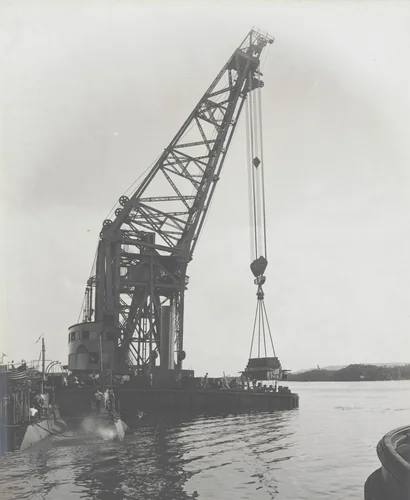 Floating crane "Ajax" test. 250 ton test load at rated reach by Unidentified Photographer, photograph, 1915
