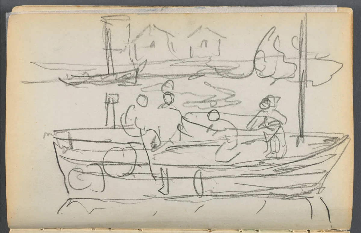 Sketchbook- The Granite Shore Hotel, Rockport, page 032: Figures on a Boat by Maurice Prendergast, book, 1905-1910