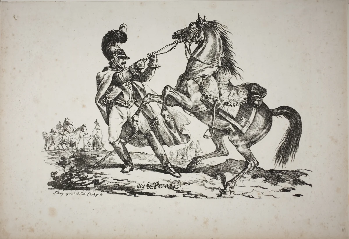 Cuirassier on Foot Holding back his Rearing Horse by Carle Vernet, print, 1817