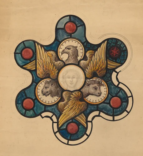 Design for Stained-Glass Window with Symbols of the Evangelists by anonymous, drawing, 1800-1900