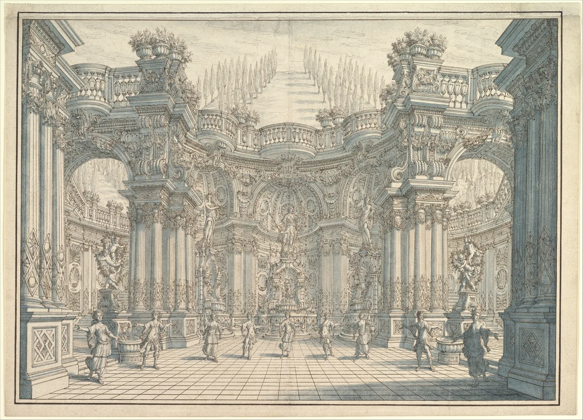 Stage Setting with Ballet by Ferdinando Galli Bibiena, drawing, 1657-1743