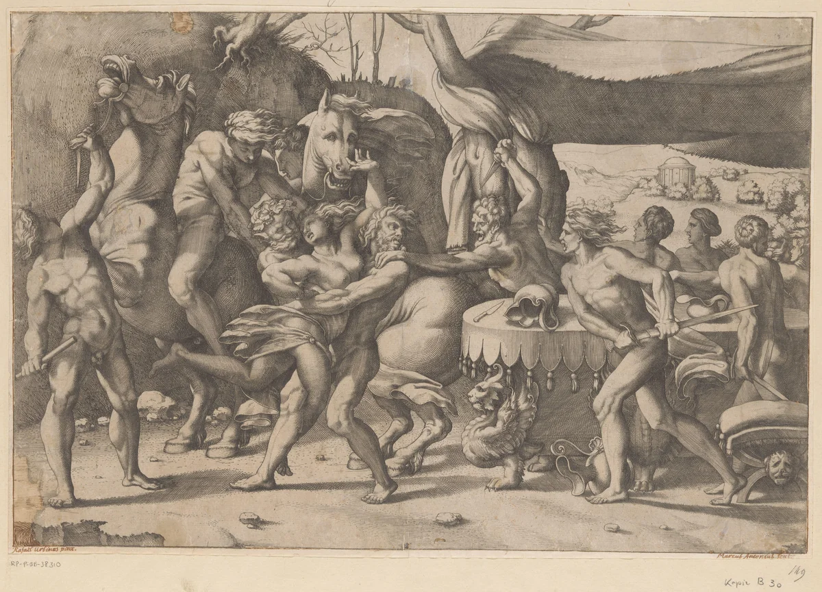 Roof van een vrouw door man en sater by anonymous, print, 1542