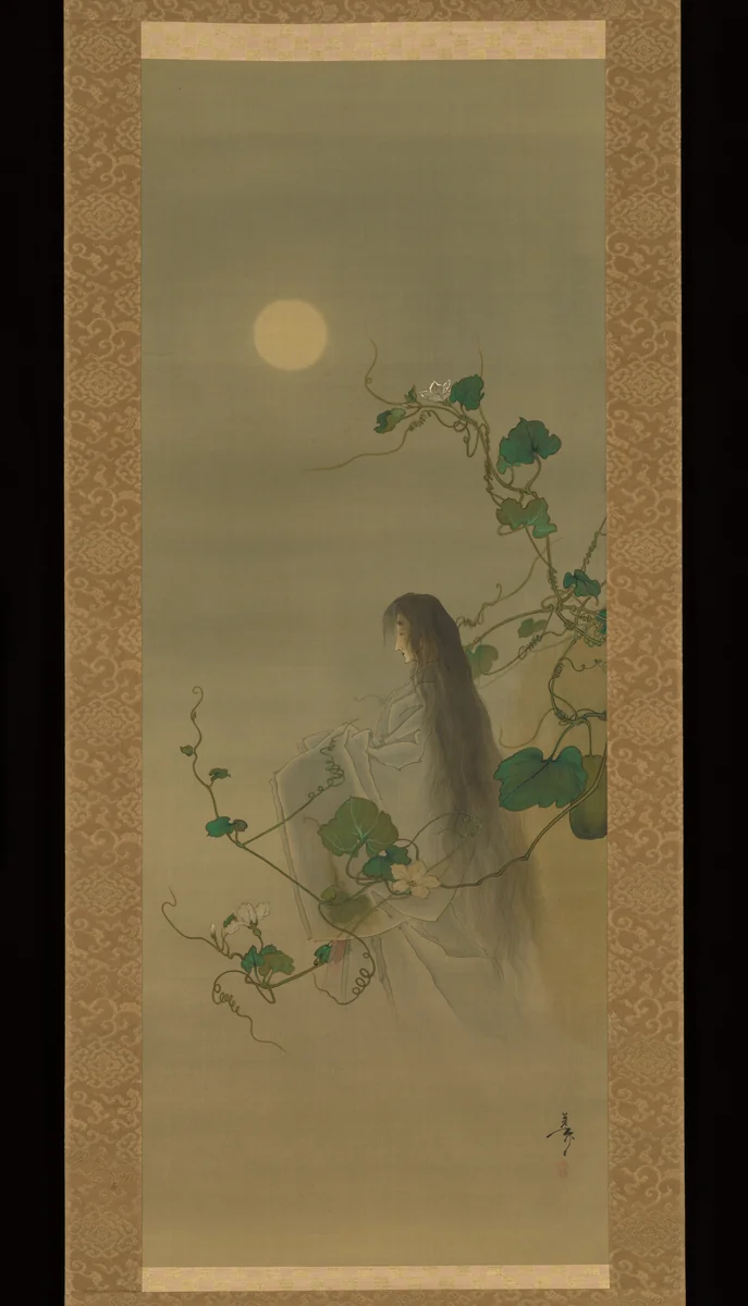 The Spirit of the Deceased Yūgao Entwined in Moonflower Vines, based on the print “The Lady of the Evening Faces,” from the series One Hundred Aspects of the Moon (Tsuki hyakushi: Genji Yūgao no maki) by Tsukioka Yoshitoshi, painting, 1882-1892