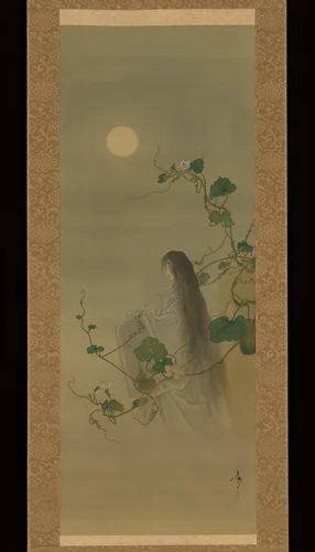 The Spirit of the Deceased Yūgao Entwined in Moonflower Vines, based on the print “The Lady of the Evening Faces,” from the series One Hundred Aspects of the Moon (Tsuki hyakushi: Genji Yūgao no maki) by Tsukioka Yoshitoshi, painting, 1882-1892