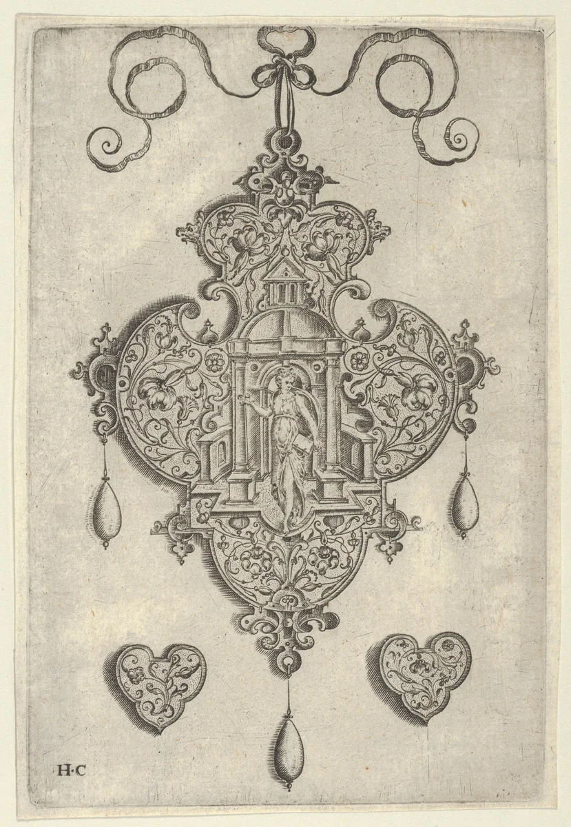 Pendant Design with Faith Standing in a Circular Temple by Jan Collaert, print, 1530-1573