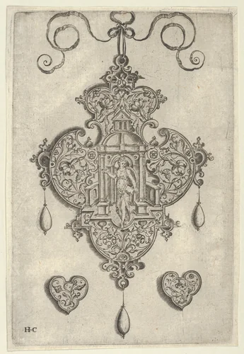Pendant Design with Faith Standing in a Circular Temple by Jan Collaert, print, 1530-1573