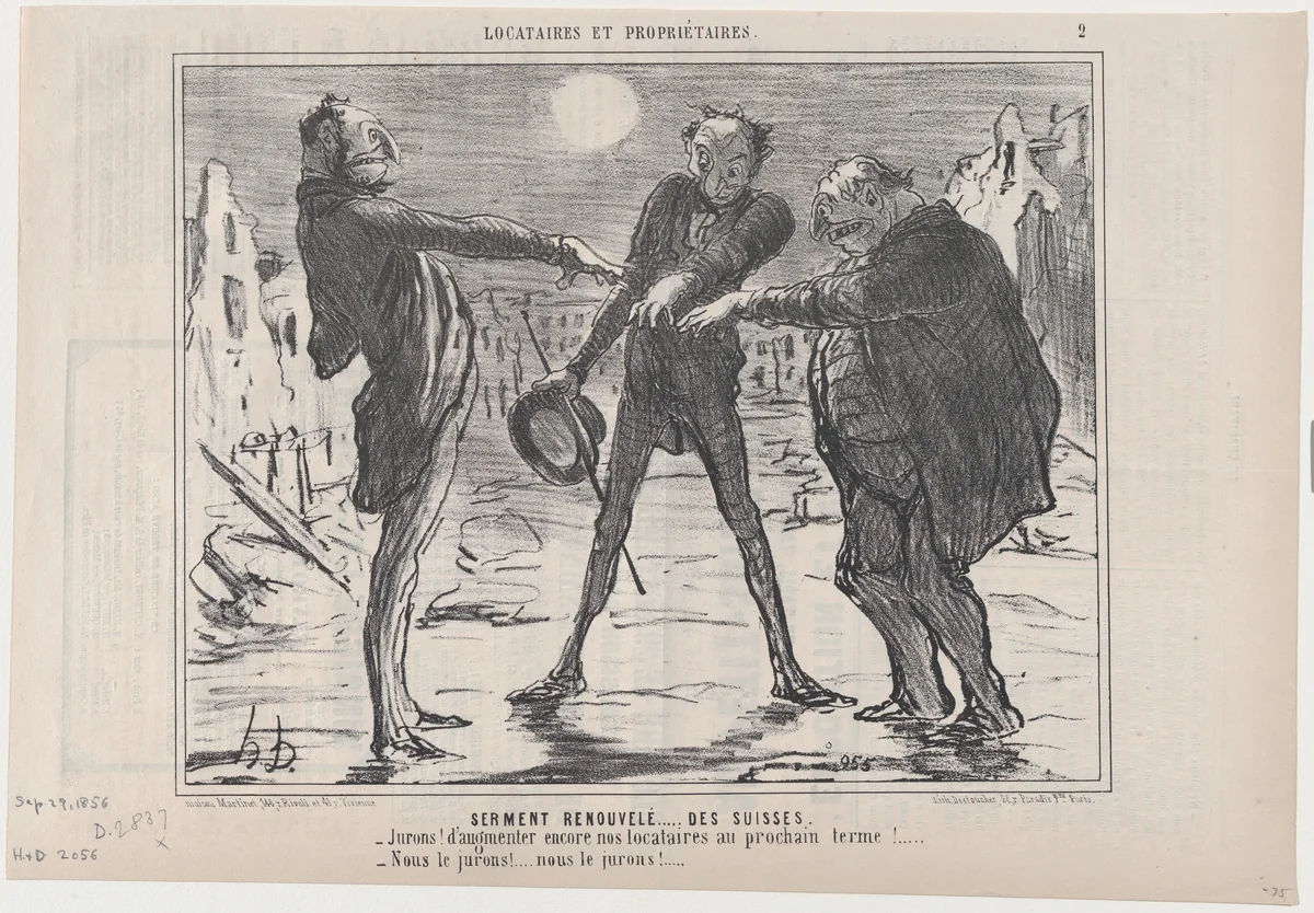 Serment Renouvelé...des Suisses, from Locataires et Propriétaires, published in Le Charivari, September 29, 1856 by Honoré Daumier, print, 1856