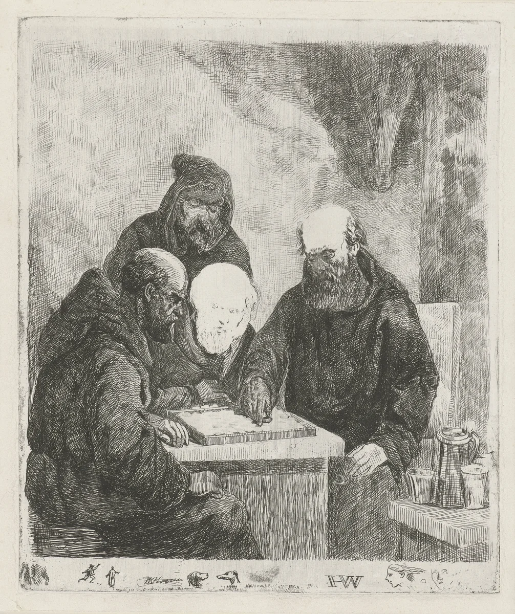 Dammende monniken by Willem Pieter Hoevenaar, print, 1814-1879