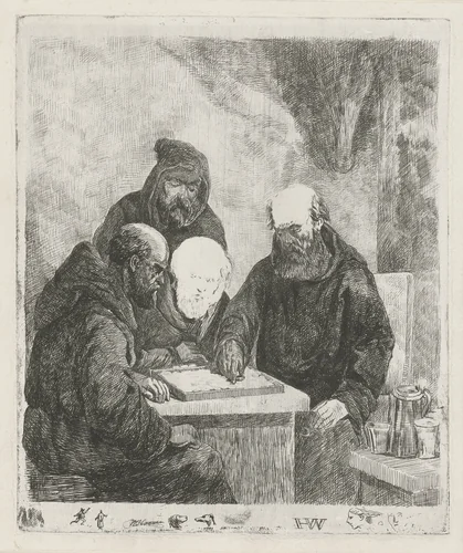 Dammende monniken by Willem Pieter Hoevenaar, print, 1814-1879