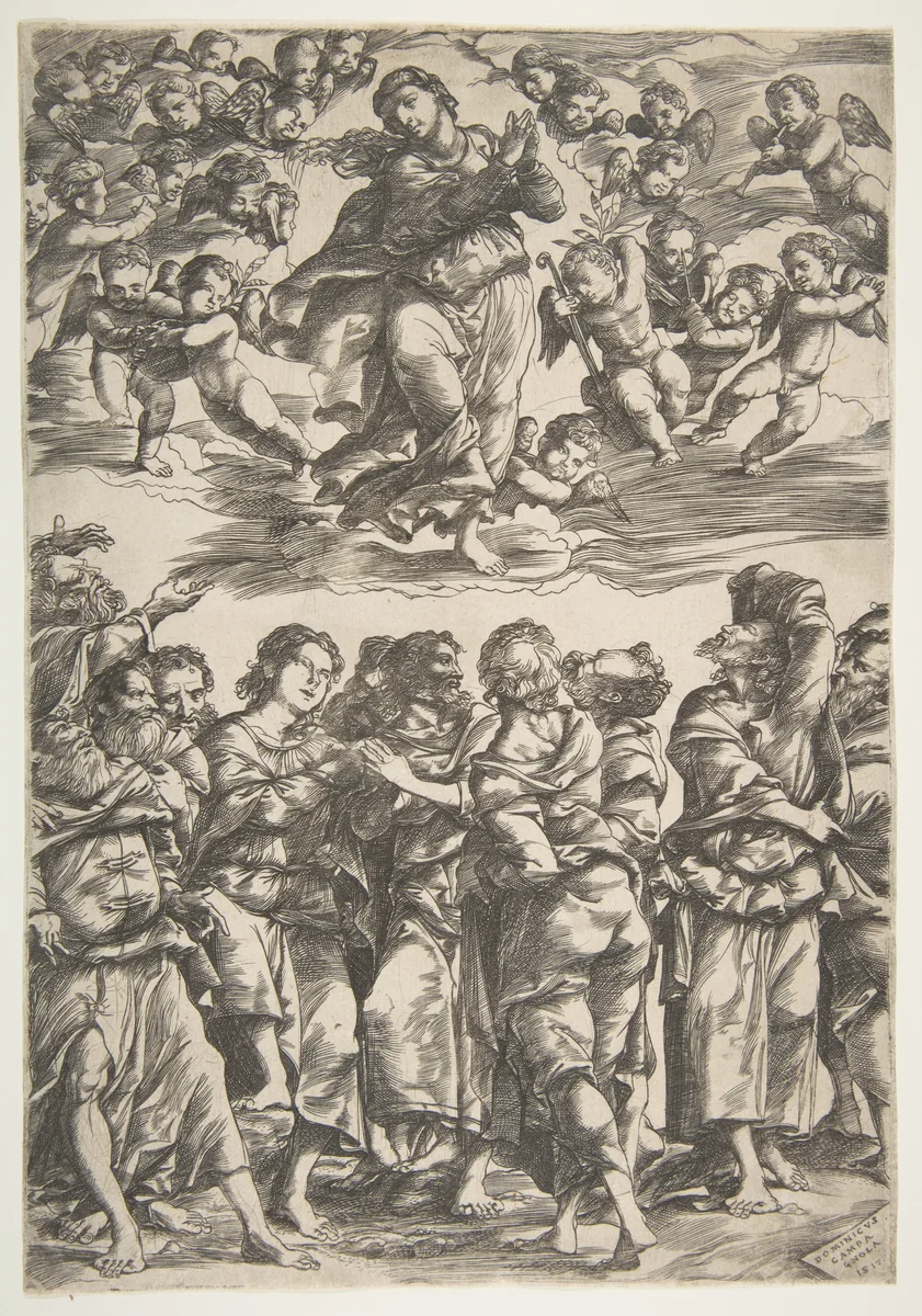 The Virgin at top center in clouds with clasped hands and right foot raised, surrounded by cherubin; below, the twelve apostles stand together gesturing upwards by Domenico Campagnola, print, 1517