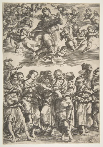 The Virgin at top center in clouds with clasped hands and right foot raised, surrounded by cherubin; below, the twelve apostles stand together gesturing upwards by Domenico Campagnola, print, 1517