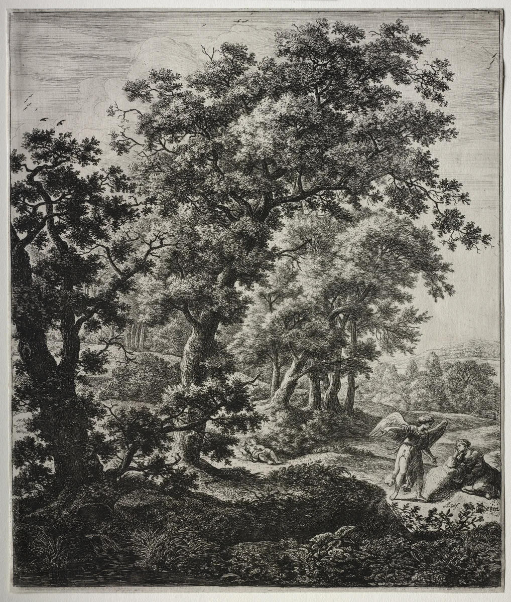 Six large upright landscapes with scenes from the Old Testament: Hagar Comforted by the Angel by Anthonie Waterloo, print, 1640-1690