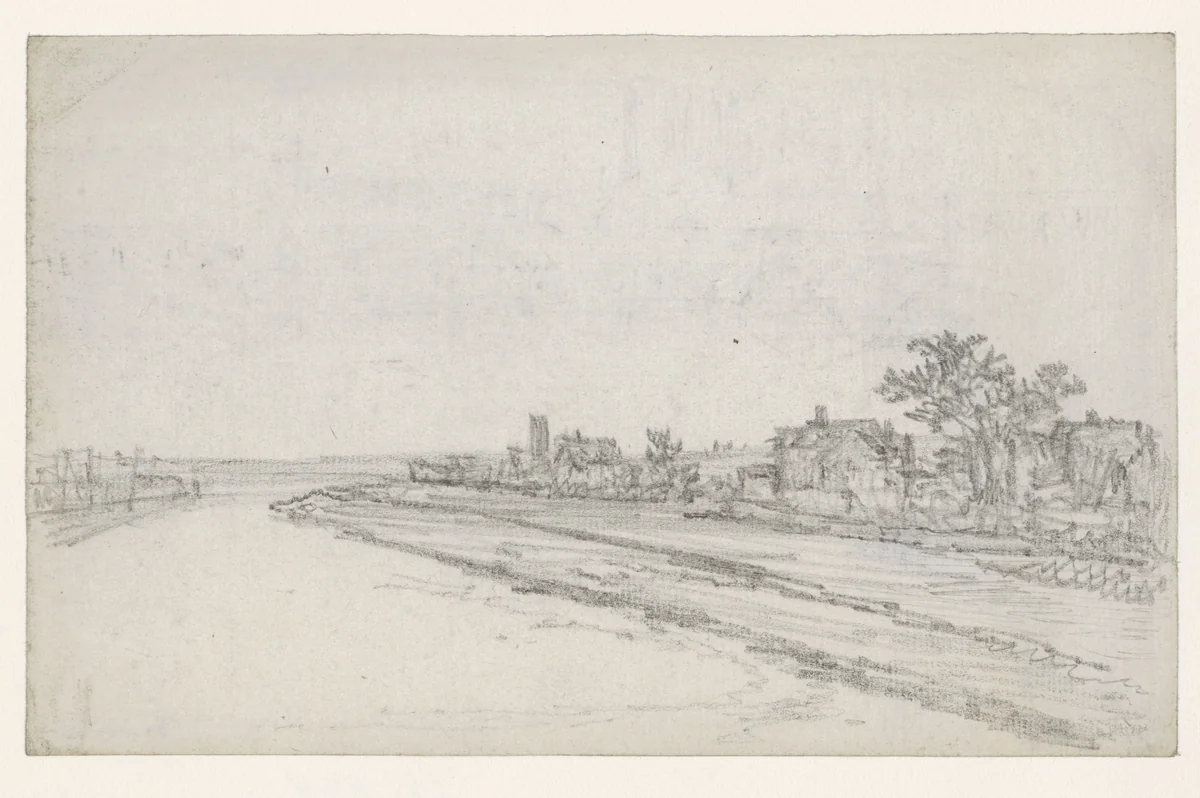 Rivier; rechts huizen by Georges Michel, drawing, 1773-1843