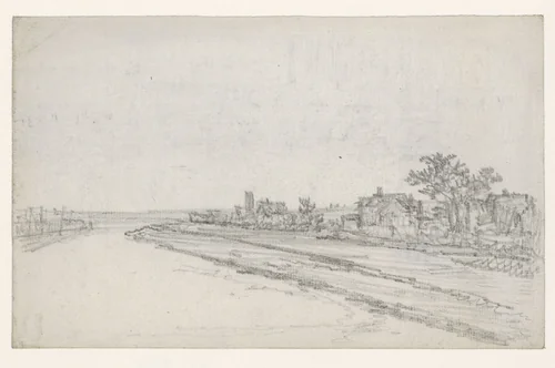 Rivier; rechts huizen by Georges Michel, drawing, 1773-1843