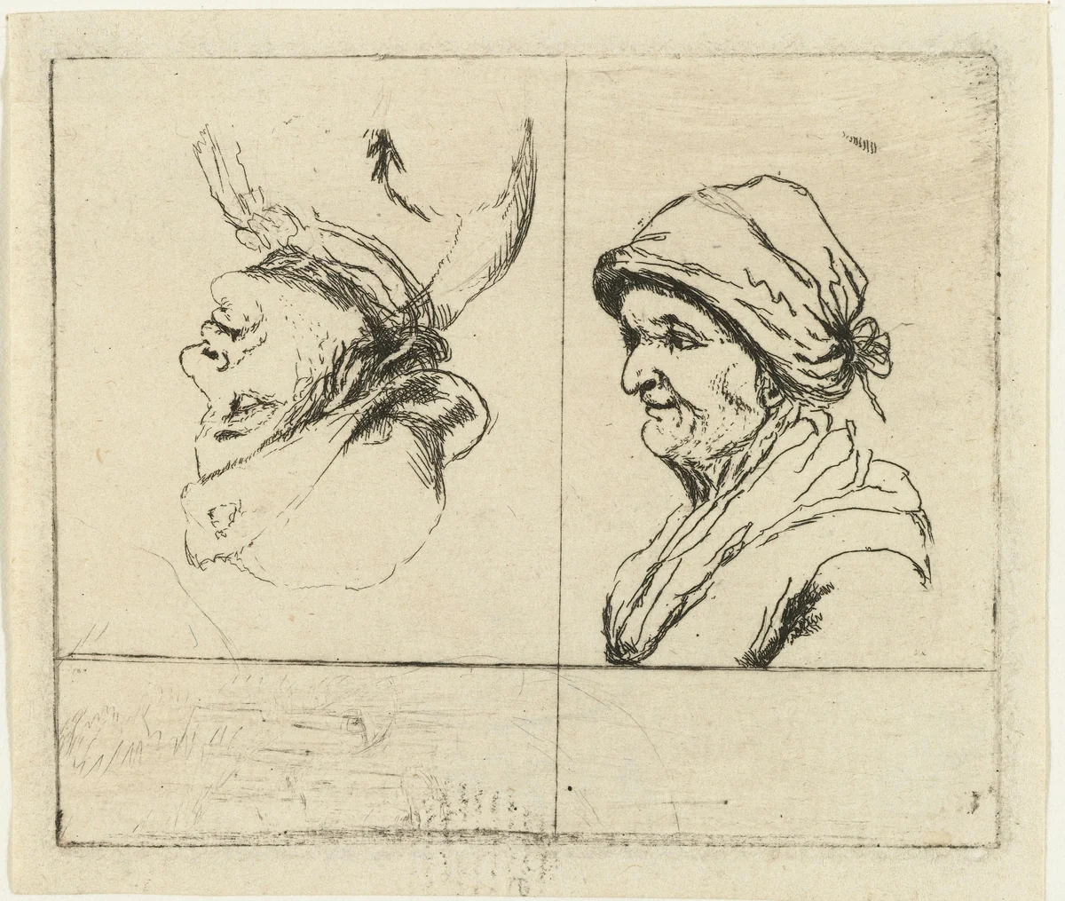 Studieblad met twee portretbustes by Marie Lambertine Coclers, print, 1776-1815