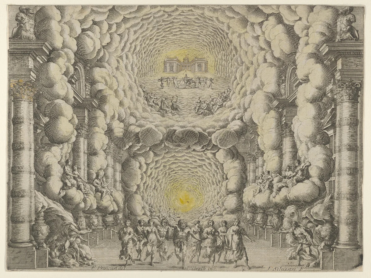 Design for a theater set created by Giacomo Torelli da Fano for the ballet 'Les Noces de Thétis', from 'Décorations et machines aprestées aux nopces de Tétis, Ballet Royal' by Israel Silvestre, print, 1654