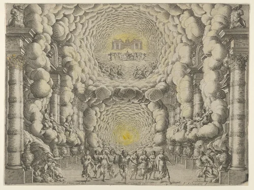 Design for a theater set created by Giacomo Torelli da Fano for the ballet 'Les Noces de Thétis', from 'Décorations et machines aprestées aux nopces de Tétis, Ballet Royal' by Israel Silvestre, print, 1654