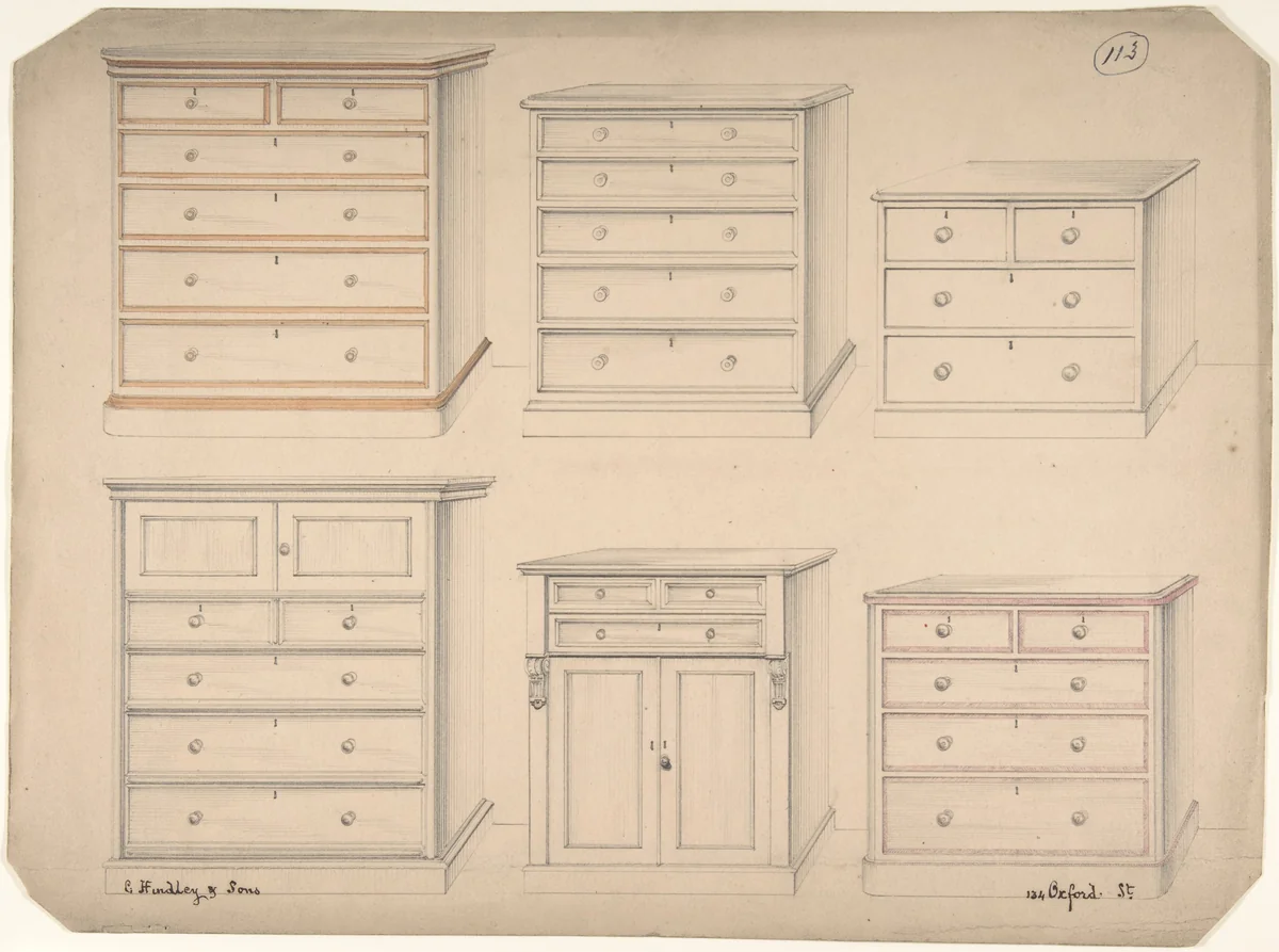 Designs for Chests of Drawers by Charles Hindley and Sons, drawing, 1841-1884